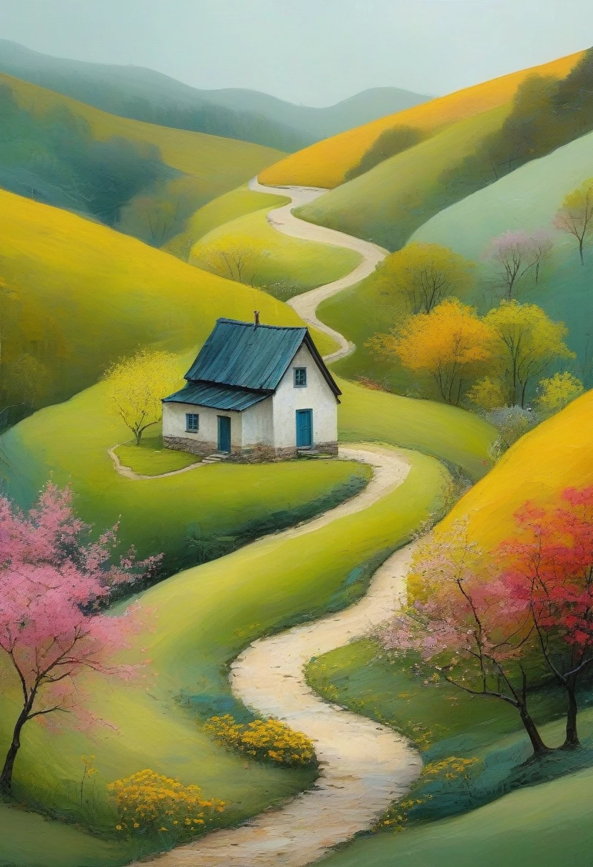 Minimalism,spring,Colorful woods and winding paths,Old man back,Small house in the distance