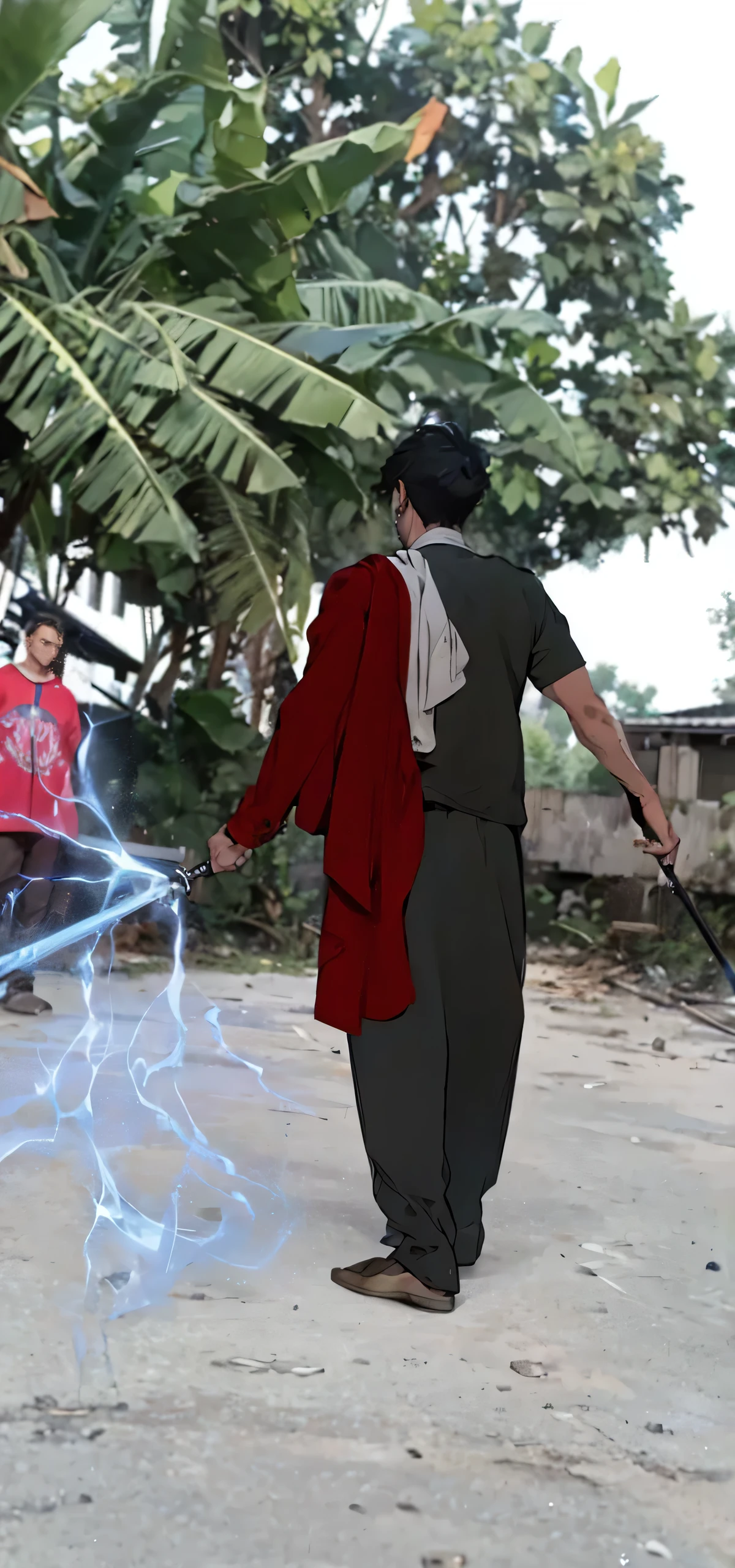 (masterpiece, best quality, highres, ultra-detailed), 1man, male focus, spiky black hair, grey eyes, handsome, detailed eyes and face, male body, earrings, ear piercing, unbuttoned black blazer, white shirt, trousers, bare collarbones, chain necklace, city slums background, by amano akira, full body, cigarette, cigarette smoke, guy smoking,1guy, masterpiece