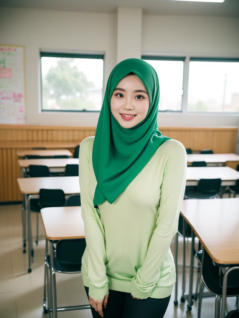 25 years old American teacher, green tight sweater tucked in the legging, high waist legging, green hijab, standing at the classroom, small breast, flat chest, no bra, smiling, greeting the viewers, say hi!, beautiful white american face, beautiful smile.