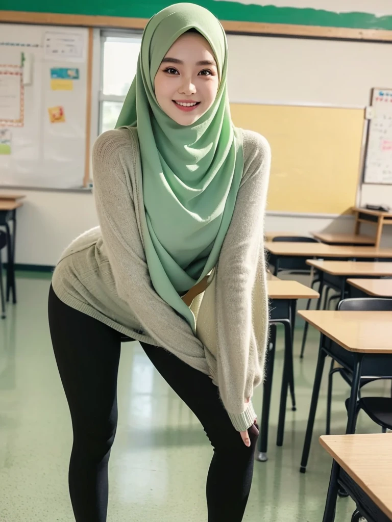 25 years old American teacher, green tight sweater tucked in the legging, high waist legging, green hijab, standing at the classroom, small breast, flat chest, no bra, smiling, greeting the viewers, say hi!, beautiful white american face, beautiful smile.