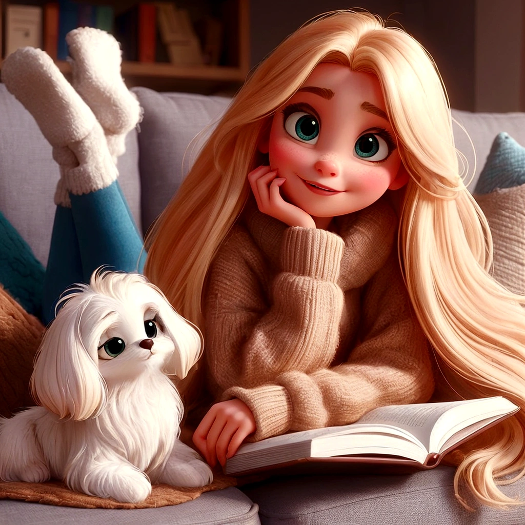 arafed girl laying on a couch with a dog and a book, in style of disney animation, adorable digital painting, disney art style, disney character style, art in the style of disney, cute digital art, disney artstyle, cute detailed digital art, cute art style, long blonde hair and large eyes, cute cartoon style, cute cartoon character, disney character