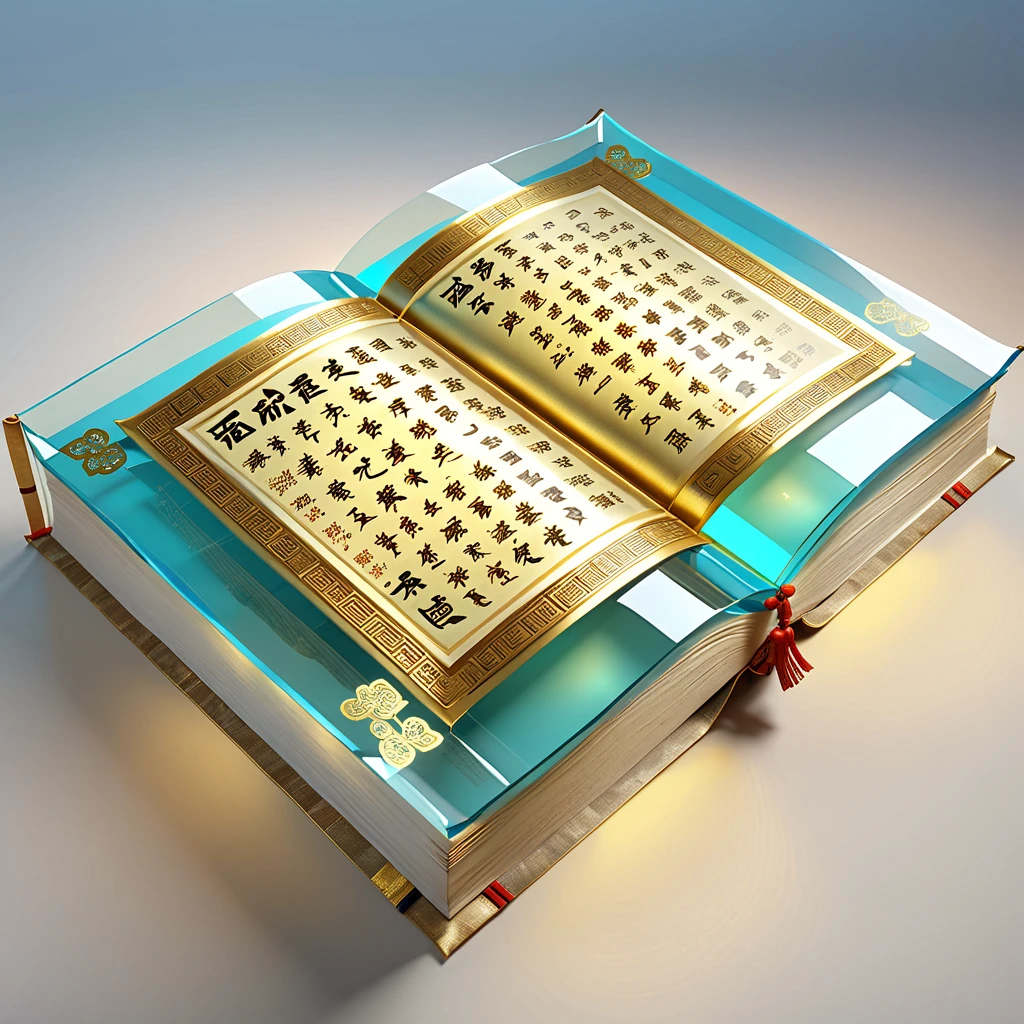 An unrolled ancient Chinese rice paper book, opened and placed, glass material, written with Chinese characters in gold, transparent, light blue, white, light gold, C4D, OC renderer, dreamlike, combined with the sense of the ancient and the future, three-dimensional ancient, bioluminescent, a beam of light, three-dimensional ancient, romantic ancient, light yellow, clean background, Zhao Wuji, Clear particles, clear light and shadow, real and virtual fields, ultra-high resolution, the overall composition is very artistic and spatial