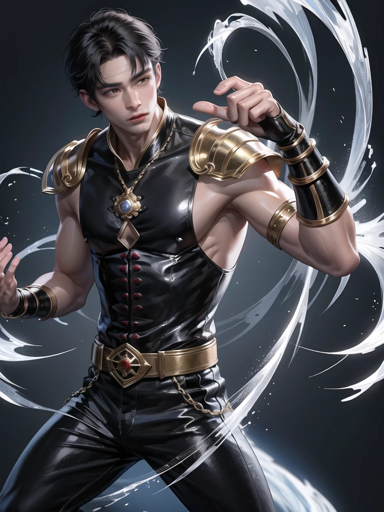 (Martial arts style works),(quality),(height)   ,1 boy,black eyes color, Short white hair., alone,(A detailed background of a young boy.),The face is handsome and detailed..,fairy tale,(human race),The muscles were big and shiny....,Image of the creation of a dark magic camp,light narration film,cannot&#39;Can&#39;t see the view.,cannotมองวิว..,light and shadow,Wear cool traditional Chinese clothing with perfect details...,Wear a cool red and white traditional Chinese outfit...,Cool fine jewelry website, style,hand element,, There was a delicate ring of dark element surrounding the back around him.