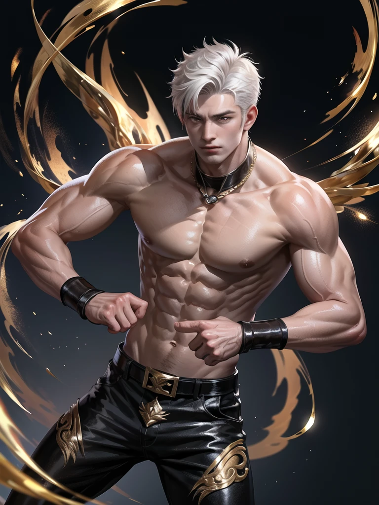 (Martial arts style works),(quality),(height) ,1 boy,black eyes color, Short white hair., alone,(A detailed background of a young boy.),The face is handsome and detailed..,fairy tale,(human race),The muscles were big and shiny....,Image of the creation of a dark magic camp,light narration film,cannot'Can't see the view.,cannotมองวิว..,light and shadow,Wear cool traditional Chinese clothing with perfect details...,Wear a cool red and white traditional Chinese outfit...,Cool fine jewelry website, style,hand element,, There was a delicate ring of dark element surrounding the back around him.