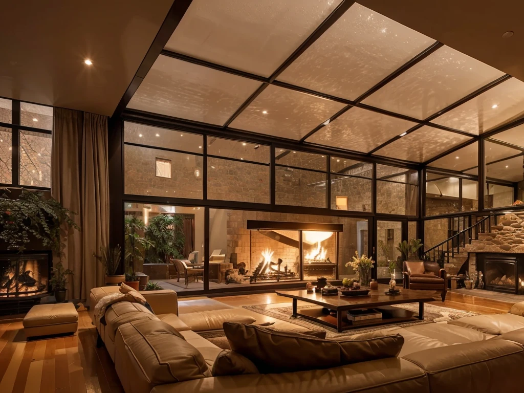 A Double-height ceiling living room with a large, floor-to-ceiling window. cozy ambiance with a fire place