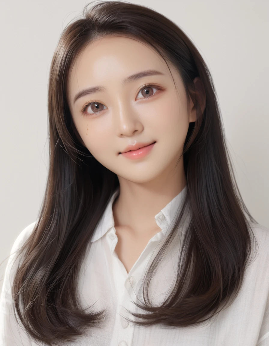 Best Quality, 8k, Masterpiece, (Portrait: 1.3), (photo realistic:1.4), (hyper realistic:1.4), Sharp Focus, looking at viewer, (smoother lighting:1.1), (increase cinematic lighting quality:0.9), realistic lighting, backlighting, light on face, ray trace, (brightening light:1.2), (Increase quality:1.4), sharp detail, (best quality real texture skin:1.4), finely detailed eyes, black_eyes, finely detailed face, 25 year old Korean woman,smilin_face