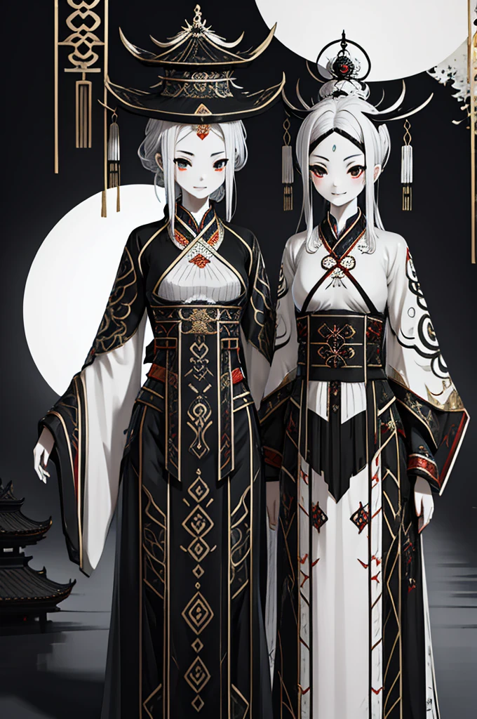 Double girl，Axisymmetric，Two girls，，Very high hat，Chinese style，The girl in black and the girl in white stand together，Dark style，Prefecture style，The Underworld风格，Close-up above the waist，Black Impermanence White Impermanence，Hanfu，Miao clothing，Chinese Miao style clothing，Hanfu，Spooky style，Picture of the couple，Axisymmetric，yin and yang，Axisymmetric，The Underworld，Yin difference，Spooky style，Gloomy tones，Two pale skinned girls，Pale-skinned girl，Spooky style，Weird smile