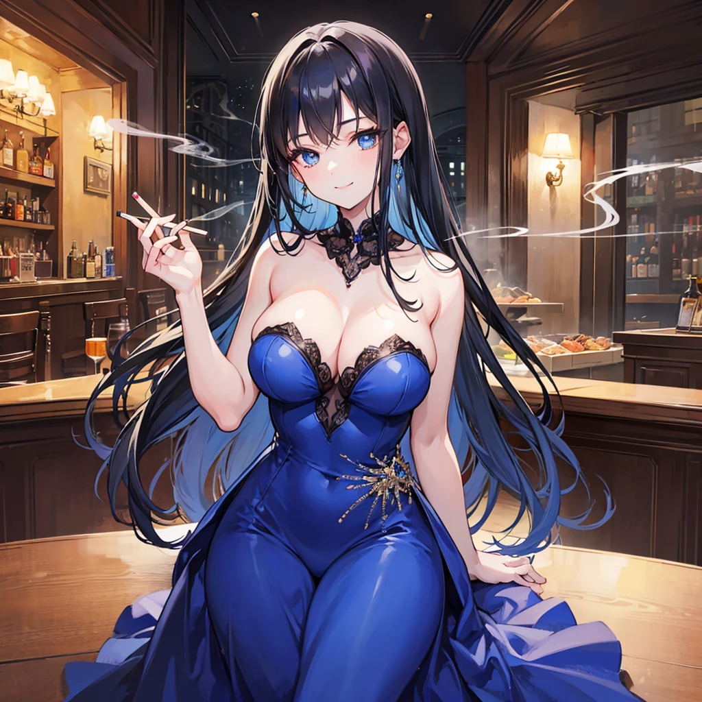 ((beautiful girl))1 2, big breasts, smile, pubic hair, black hair  blue eyes,  ((Smoking))1 1 a cigarette, Only one in his mouth, blue evening Dresses, in Backstreet cigar bar,