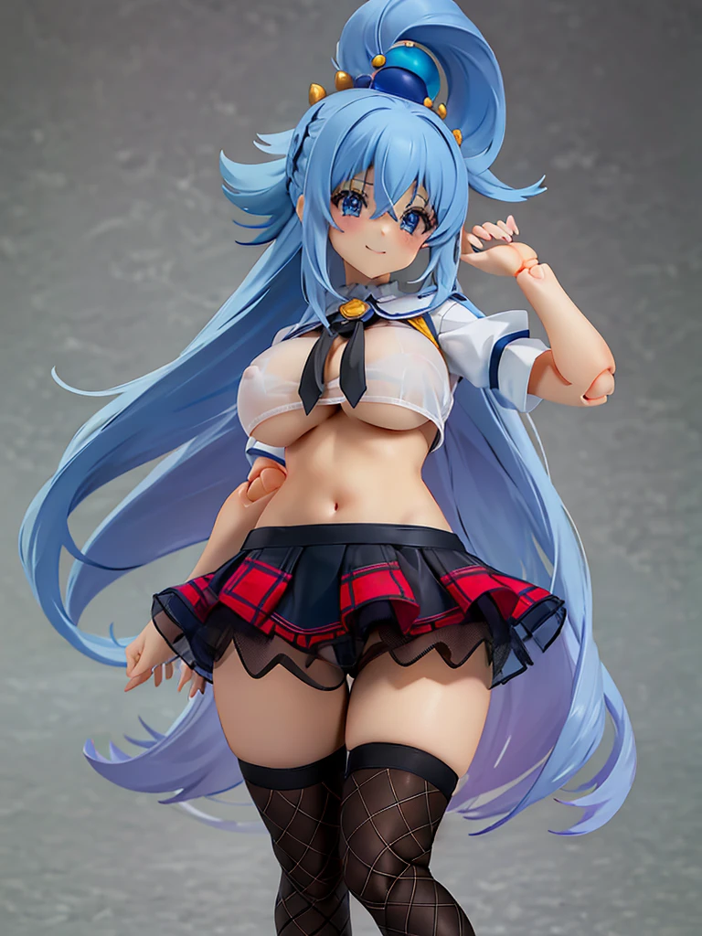 Great image quality, 8k., high quality, masterpiece:1.2), (masterpiece, Best quality: 1.2), One, 1 girl, Konosuba ,Water, blue hair, Smile on your face, looks at the viewer, figma, Hair rings, bare legs, bare hands, a white blouse, huge breasts, black pencil skirt, skirt, miniskirt, microskirt, thighhighs, plaid, plaid skirt, fishnets, from behind, panties, bra, lingerie, crop top, shirt, прозрачная майка, big breasts, Giant breasts, mid thighs, nipples visible, leans over