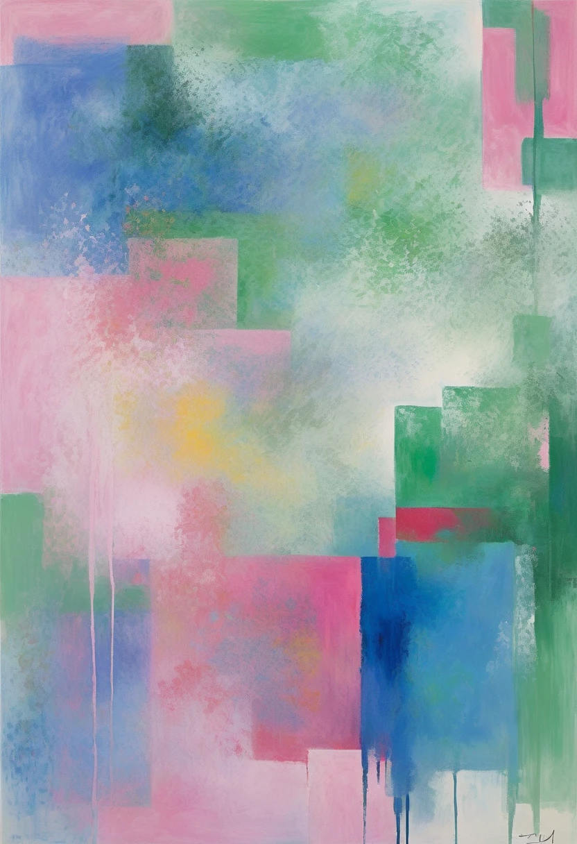 抒情abstract, pink、blue and green mist, 略显abstract, 灵感来自汉斯·Hoffman, abstract现实主义, abstract, abstract丙烯画, abstract技巧, abstract印象派, With this picture carrier,Generate an image with a certain artist(matisse、Hoffman,Cézanne,Chagall,miro)Works in five artist styles,Fusion of five artistic styles,The picture has a certain contemporary quality,Contains contrasting colors,Complementary colors,Adjacent colors,Area comparison,Chiaroscuro,A work with a strong sense of space。Fully reflects the styles and integration of the five artists,Add some details。