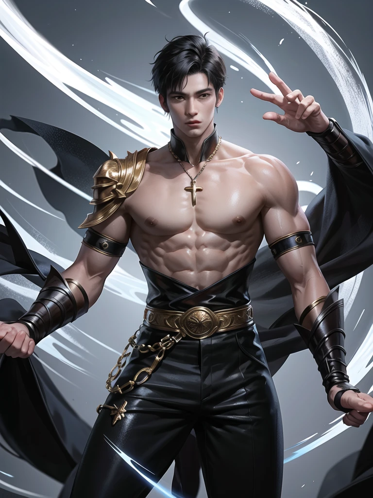 (Martial arts style works),(quality),(height) ,1 boy,black eyes color, Short white hair., alone,(A detailed background of a young boy.),The face is handsome and detailed..,fairy tale,(human race),The muscles were big and shiny....,Image of the creation of a dark magic camp,light narration film,cannot'Can't see the view.,cannotมองวิว..,light and shadow,Wear cool traditional Chinese clothing with perfect details...,Wear a cool red and white traditional Chinese outfit...,Cool fine jewelry website, style,Handiness,, There is a dark element ring.,There is a light.