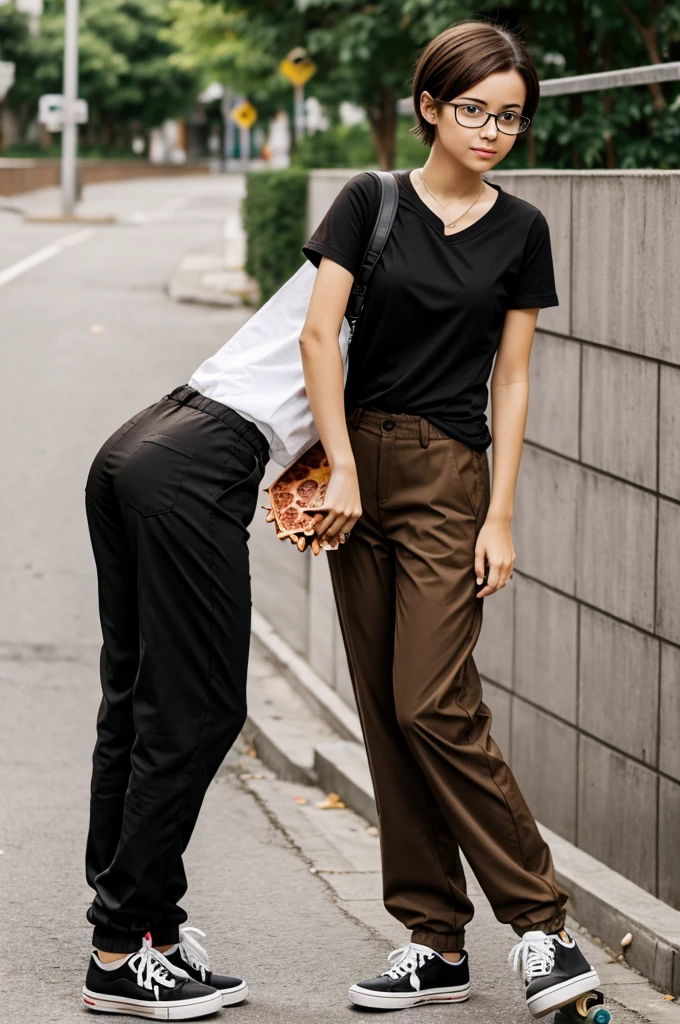 anime girl eating pizza,short brown hair,glasses,with skateboard,black blouse and baggy pants