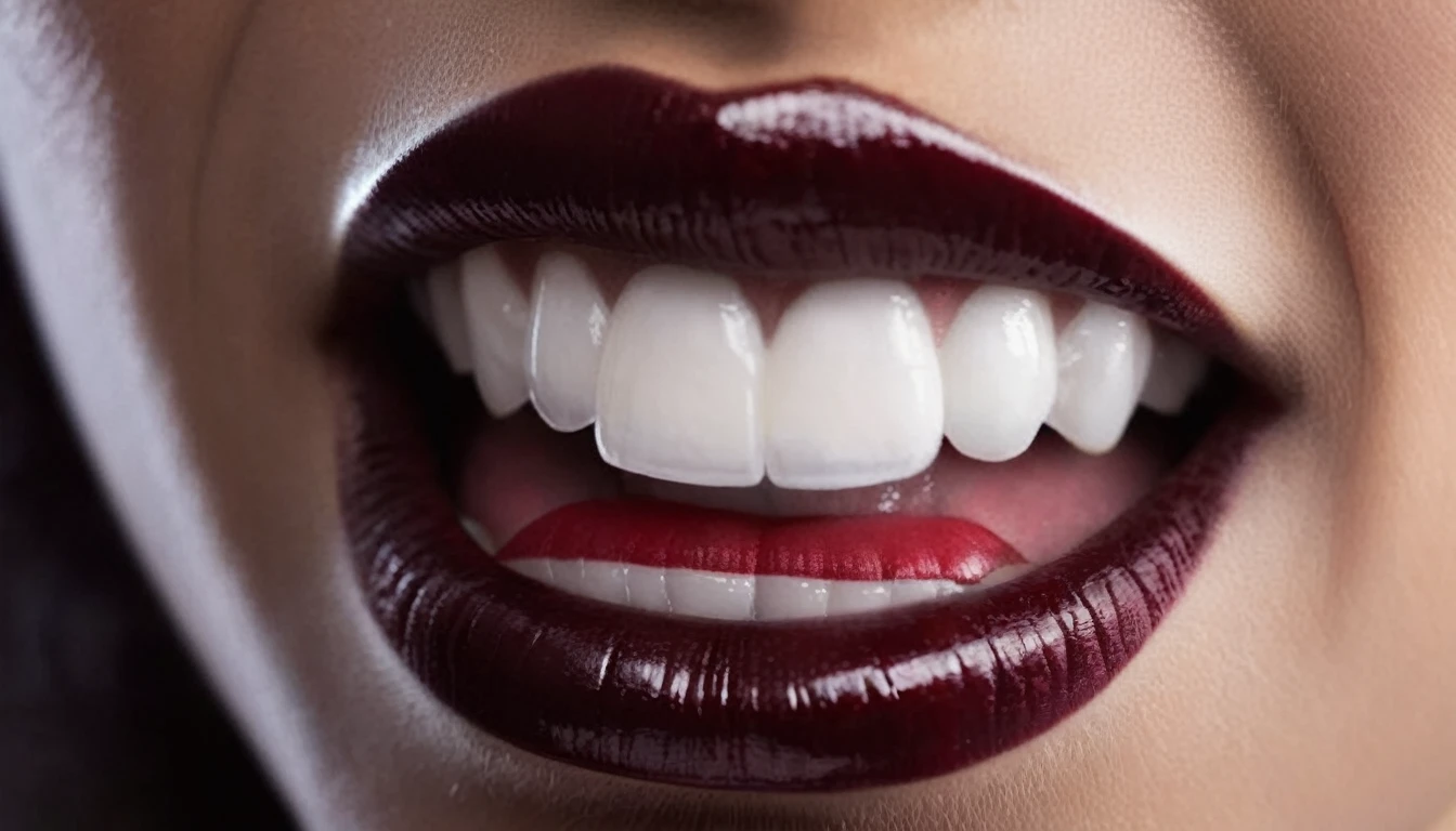 a gentle kiss, (A witch's smile that lifts the corners of her mouth), (evil smile:1.3),(Dark red lips, glossy lips), Fangs, tongue, drool, Focus only on the mouth, Woman mouth close up, from front
