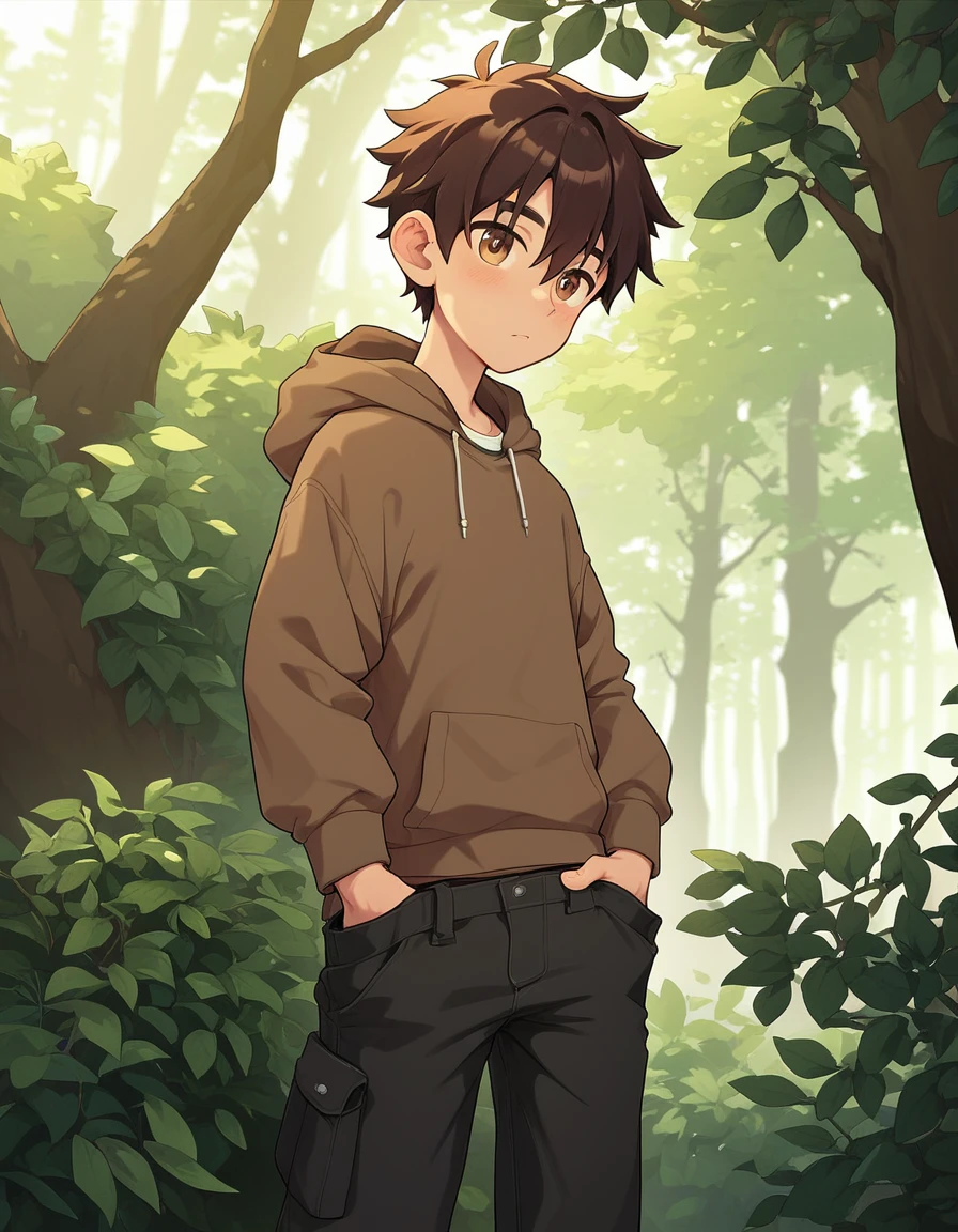 A slim young man standing alone in a forest during the day, with a serious look on his face. He is wearing an oversized brown hoodie with long sleeves and black cargo pants that are baggy with large pockets. His dark brown hair is medium length, falling between his eyes, and he has brown eyes. The image is highly detailed and of the highest quality