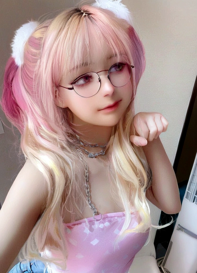 White skin, cute young woman's face and pink, red and yellow hair, wearing glasses, a chain necklace, jeans