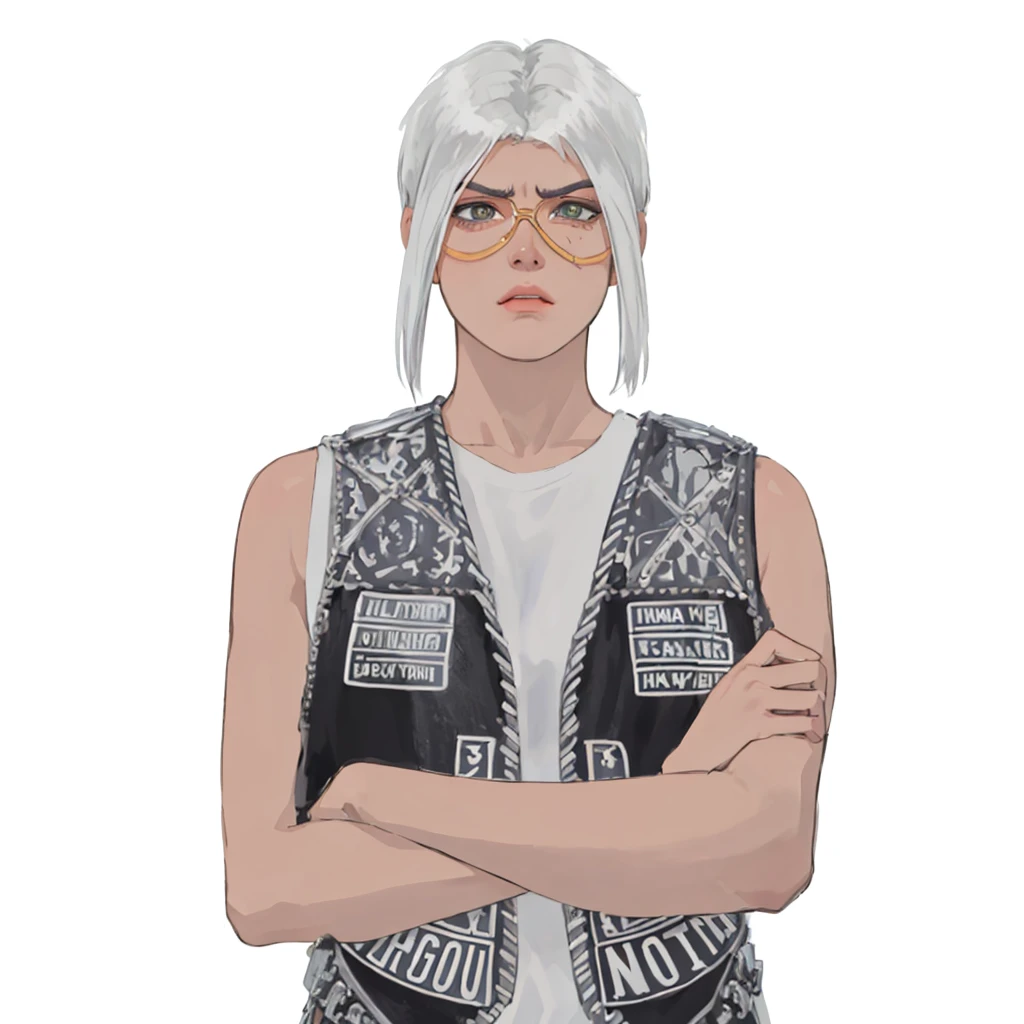 (masterpiece:1.2, best quality), (1girl, solo, upper body:1.2),angry face,Hair: buzz cut, Clothing: oversized, distressed denim jacket with patches and pins, paired with black skinny jeans and combat boots, Hanging out in an underground music venue or street art exhibit
