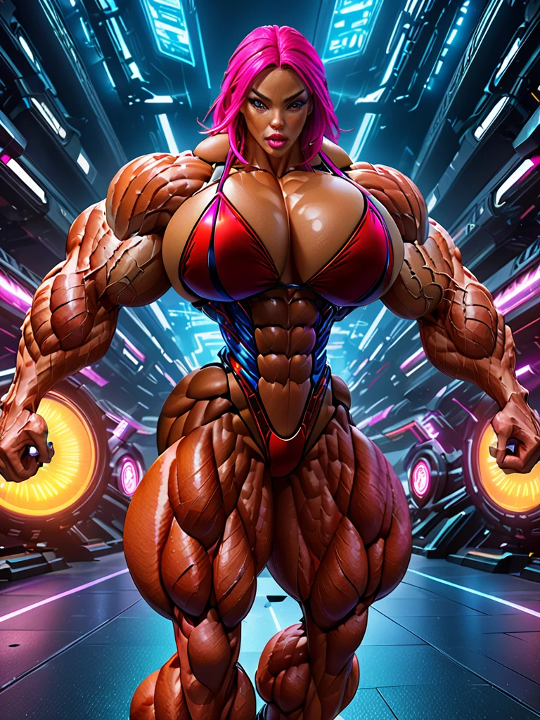 a muscular woman, beautiful detailed eyes, beautiful detailed lips, extremely detailed face, long eyelashes, athletic physique, strong muscles, powerful, dynamic pose, action, adventure, fantasy, digital art, concept art, cinematic lighting, dramatic lighting, vibrant colors, neon colors, futuristic, sci-fi, hyper-detailed, high resolution, best quality, 8k, masterpiece