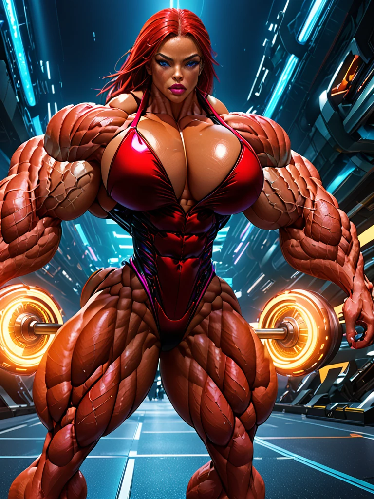a muscular woman, beautiful detailed eyes, beautiful detailed lips, extremely detailed face, long eyelashes, athletic physique, strong muscles, powerful, dynamic pose, action, adventure, fantasy, digital art, concept art, cinematic lighting, dramatic lighting, vibrant colors, neon colors, futuristic, sci-fi, hyper-detailed, high resolution, best quality, 8k, masterpiece