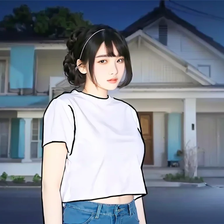 Beautiful girl in white shirt and blue jeans standing in front of a house, in an  style, as an character, realistic