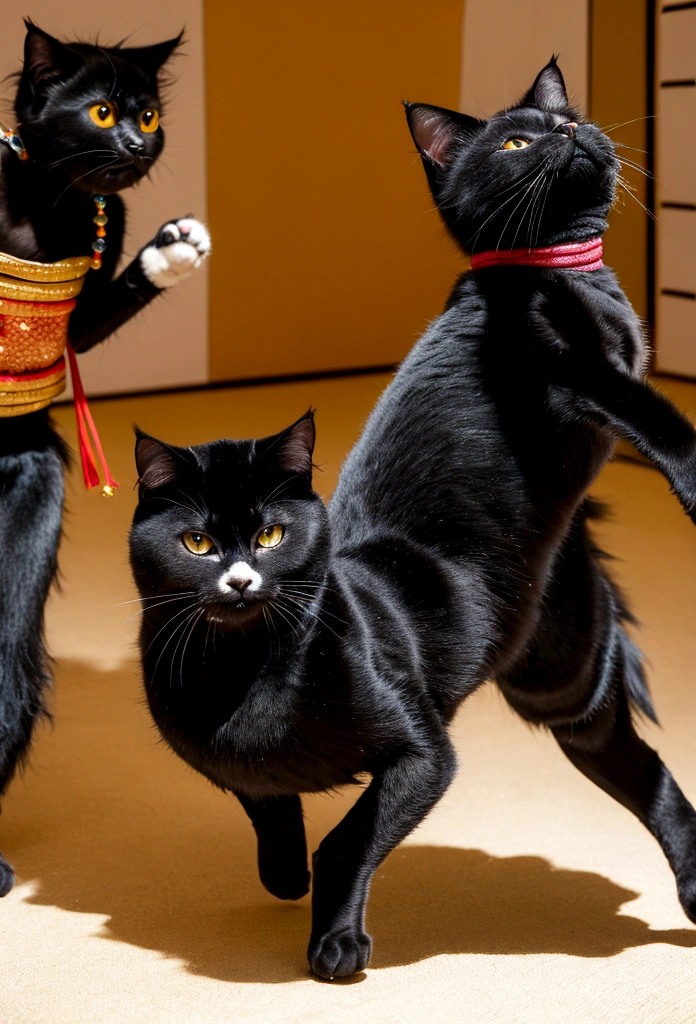 "A mischievous, royally dressed, bipedal cat with jet black fur and piercing golden eyes is dancing a quirky dance and getting into playful mischief in a traditional Japanese castle while the other cats look on with a mixture of bewilderment and amusement. Ultra-high resolution, ultra-realistic."