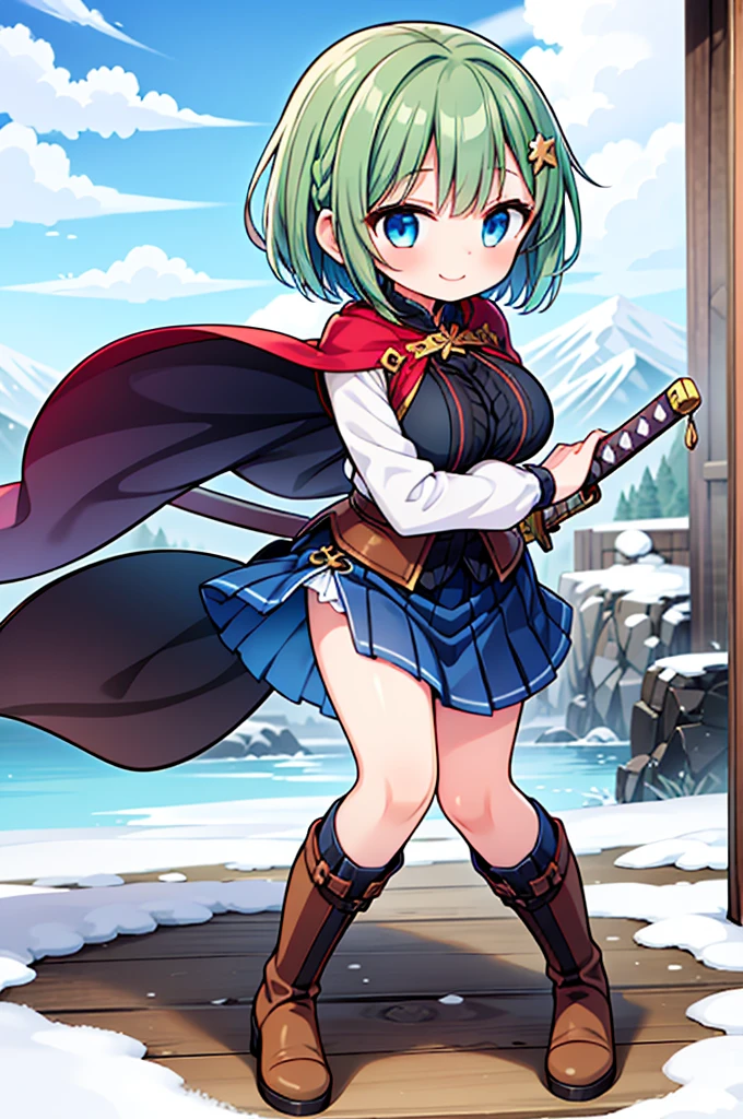 Fantasy,((Masterpiece)),((high resolution)),((Best Quality)),Anime illustration,((1girl)),(ウェーブがかったshort hair),(short hair),(Dark green hair),Braid,Large round light blue eyes,Droopy eyes,12 years old,baby face and big breasts,(very big breasts),(child),Short stature,,sleeveless white blouse,Blue mini skirt,slit,Brown corset,brown capelet,smile,Golden hair ornament,Brown long boots,blue sky,Snow Mountain,Full body image,Battoujutsu,