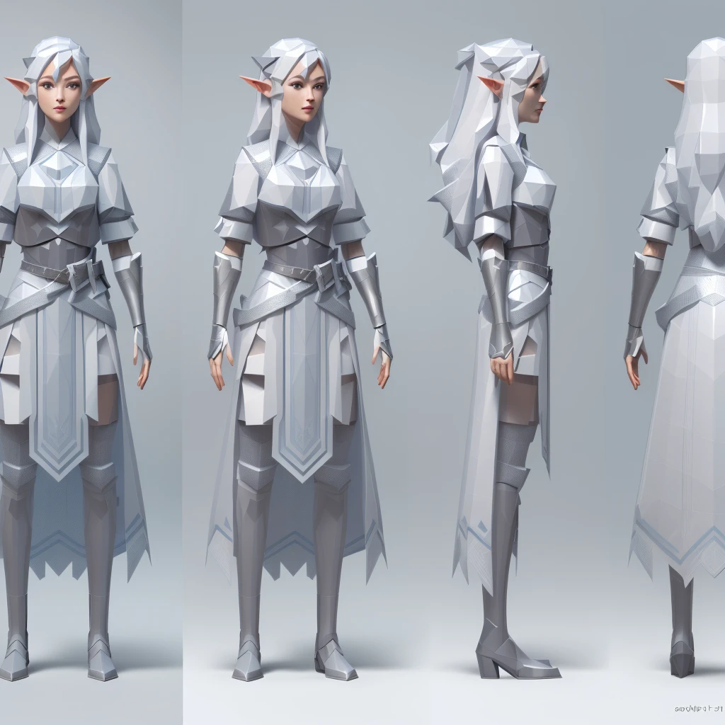 (Masterpiece, best quality: 1.2), (Super detailed), (Illustration),(HDR:1) a set of three different poses of a woman in a white, rpg concept art character, fashionable rpg clothing, game character concept art, female elf, rpg character concept art, concept art character modeling, character posing for concept art, detailed full body concept art, 3d character concept artwork, dnd character design concept art, video game character concept, game character design,white long hem, elf, low poly full body concept, low poly detailed full body concept, character model sheet turnaround, fullbody shot turnaround, concept character sheet, full body concept art, reference model sheet , full body concept art, PS1 style character, game character design, female, video game ps1 character concept, low poly detailed character design, character sheet, character model sheet turnaround , front and back, front and back, grey clean background, low poly 3D character, leather belt with leather knife bag, oceanblue cloth, blue hem with white fur, low poly art style, low polygon, ((low polygonal)), ((organic shapes and lines)), (((low poly art style))), perfect alignment, ((clear outline)), (((polygon skin texture))),3d render, ((PS1 graphics)), ray tracing, sharp focus, ((low poly face)), ((polygon shape))