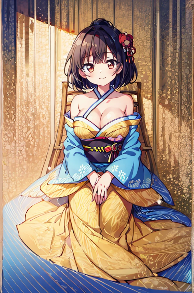 ((Masterpiece)),((high resolution)),((Best Quality)),Anime illustration,((1girl)),,(Black Hair),short hair,Short ponytail,Large, round scarlet eyes,Droopy eyes,smile,,(Young),baby face anasts,large breasts,(low length),(Short),Ladylike,Elegant,blue sky,kimonos,White and red clothes,