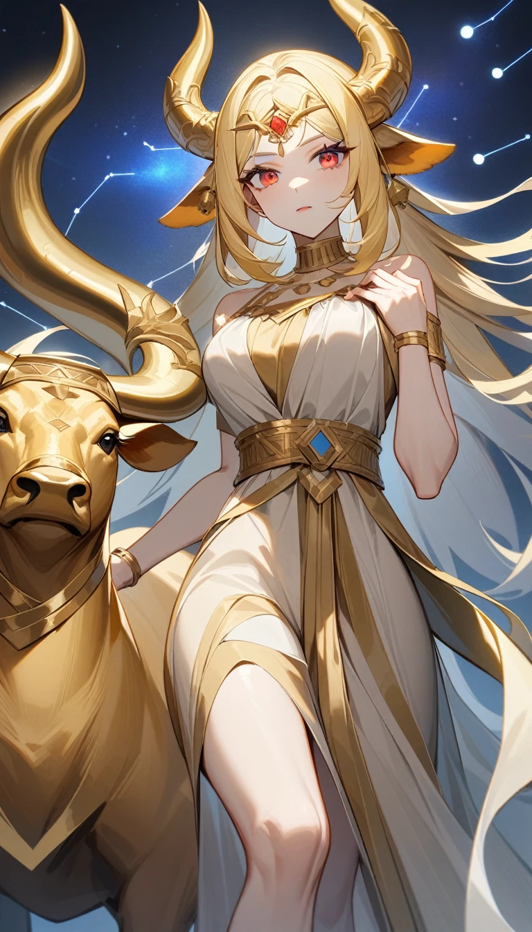 (Huang Li、high quality、Extremely detailed),Constellation Taurus Goddess,Giant golden bull,Woman stroking Taurus,Similar to Latin goodness,brave,capricious,Productivity,The face of enterprising and humanitarianism,Long yellow hair,Ancient Greek costumes、Wrap Dress,The background is the universe,Crystal red eyes(Eyes Details),Powerful appearance