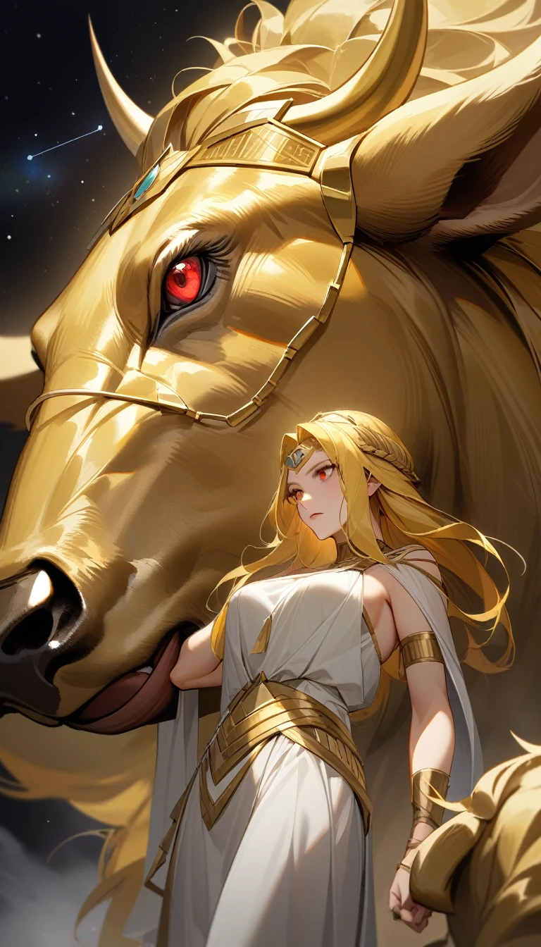 （Huang Li、high quality、Extremely detailed），Constellation Taurus Goddess，Giant golden bull，Woman stroking Taurus，Similar to Latin goodness，brave，capricious，Productivity，The face of enterprising and humanitarianism，Long yellow hair，Ancient Greek costumes、Wrap Dress，The background is the universe，Crystal red eyes（Eyes Details），Powerful appearance