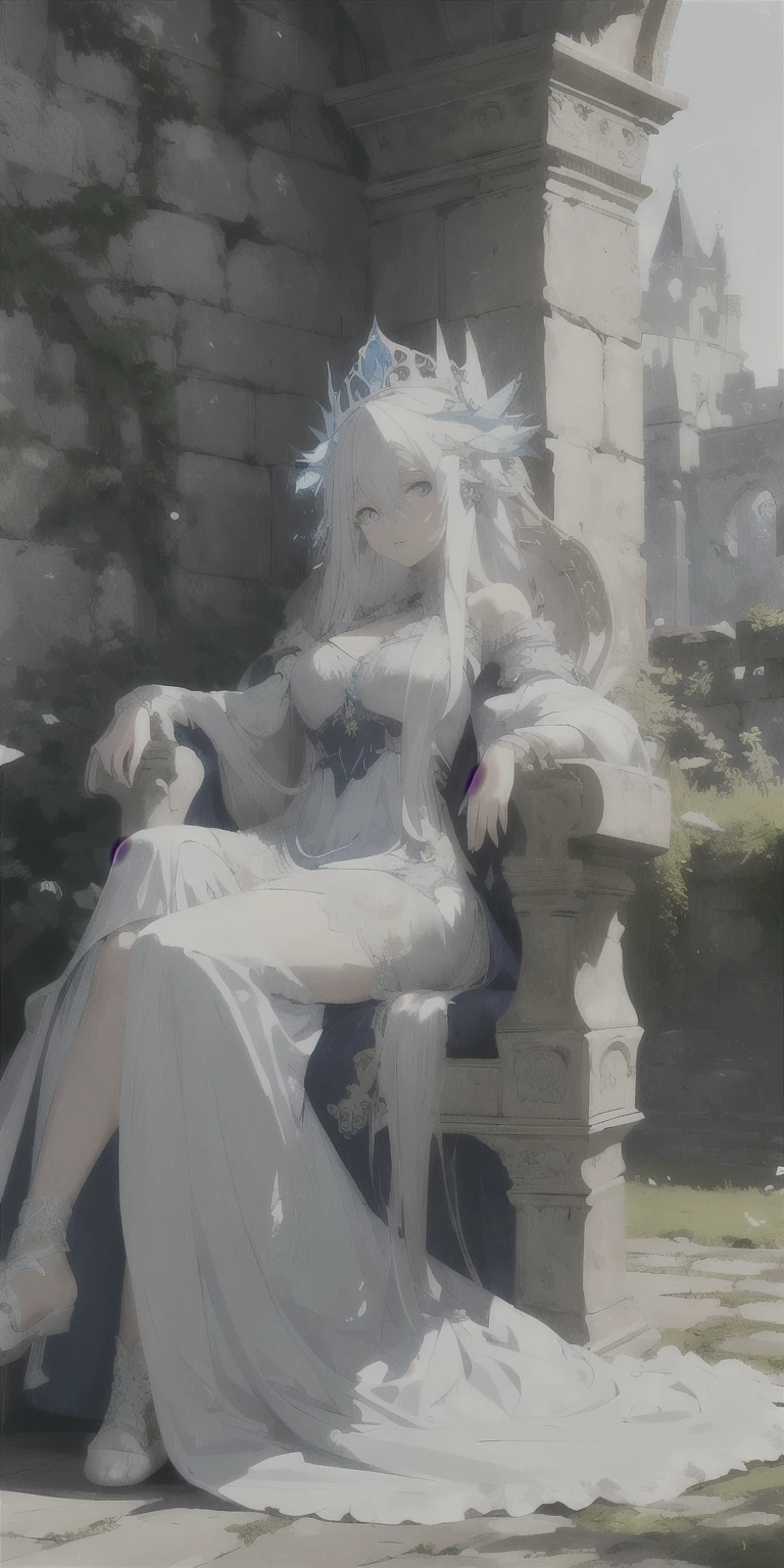 (masterpiece, best quality),1girl with long white hair lounging on a throne in an old stone castle, cold lighting, elaborate long blue dress, foliage through the stone walls, glowing blue eyes