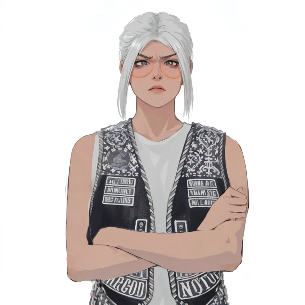 (masterpiece:1.2, best quality), (1girl, solo, upper body:1.2),angry face,Hair: buzz cut, Clothing: oversized, distressed denim jacket with patches and pins, paired with black skinny jeans and combat boots, Hanging out in an underground music venue or street art exhibit