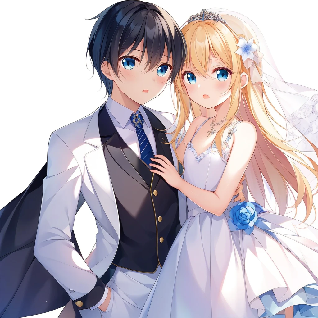 masterpiece、Highest quality、Color、Line art、1 girl、20-year-old、Flat Chest、Long Hair、Black Hair、Wedding dress、1 boy、White Tuxedo、Blonde、Short Hair、20-year-old、Woman crosses male arms、Are standing、Eyes open、Mouth open、Cowboy Shot、front、White background、Simple Background、church、wedding、