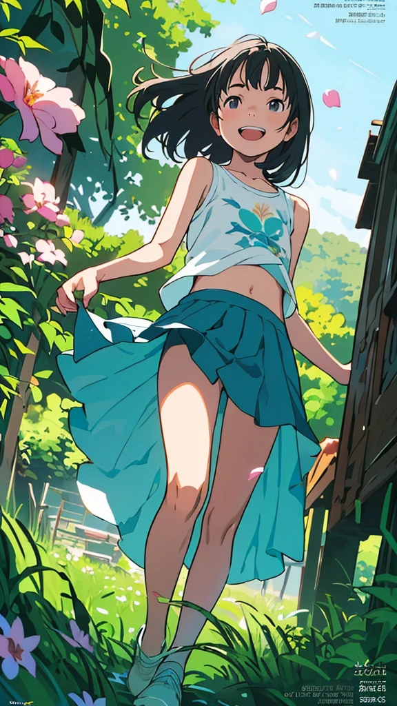 reasonable design, Clear lines, High Sharpness, (highest quality,4k,Perfect sharpness,Ultra fine,High resolution,masterpiece:1.2), Perfect Anatomy:1.5, Official Art, Illustrations that tell a story, (Whitish background:0. 9)、Body Positivity、More Mr.Physical expression、(Random and mischievous poses)、Perfect beauty、Perfect beautiful face、Strong winds、A rich expression、Dynamic composition、smile、Golden ratio composition、colorful、(Mr.Different angles and perspectives)、Anime Art、mini skirt、(Overcoming stereotypes)、 Glowing Skin、(Natural beauty)、smile、bangs、Straight Hair、(Soft and flowing hair)、(Rural Scenery)、(Nostalgic atmosphere)、Insert up to the thighs、(Playful and carefree)、(More Mr.Ethnic characters)、(innocent attitude)、(Sunny atmosphere)、Skirt flipped up、(Bright colors)、Belly button exposed、Beautiful Eyes、A skirt fluttering in the wind、Put it in to your feet、Some composition patterns、Tank top、Angle from behind、Angle from below、petal、