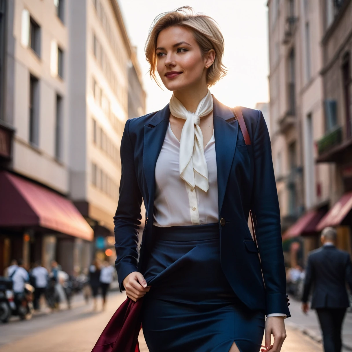 photorealistic, cinematic, raw photo, low angle shot, woman, 29 years old, blond hair, hourglass body shape,pixie hairstyle, wearing navy blue blazer, white shirt, burgundy silk neckerchief, black long skirt, walking on streets of city , spring, sunrise, happy, smiling