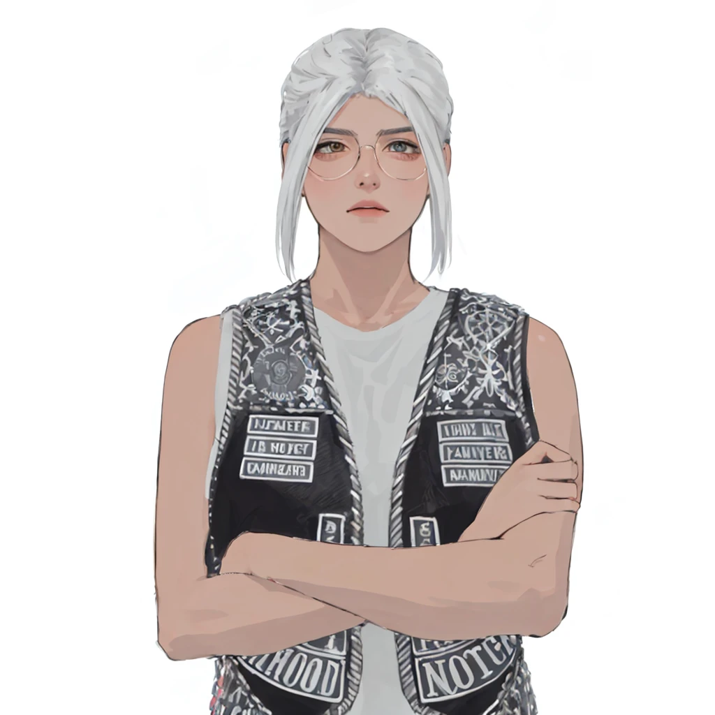 (masterpiece:1.2, best quality), (1girl, solo, upper body:1.2),flat face,Hair: buzz cut, Clothing: oversized, distressed denim jacket with patches and pins, paired with black skinny jeans and combat boots, Hanging out in an underground music venue or street art exhibit