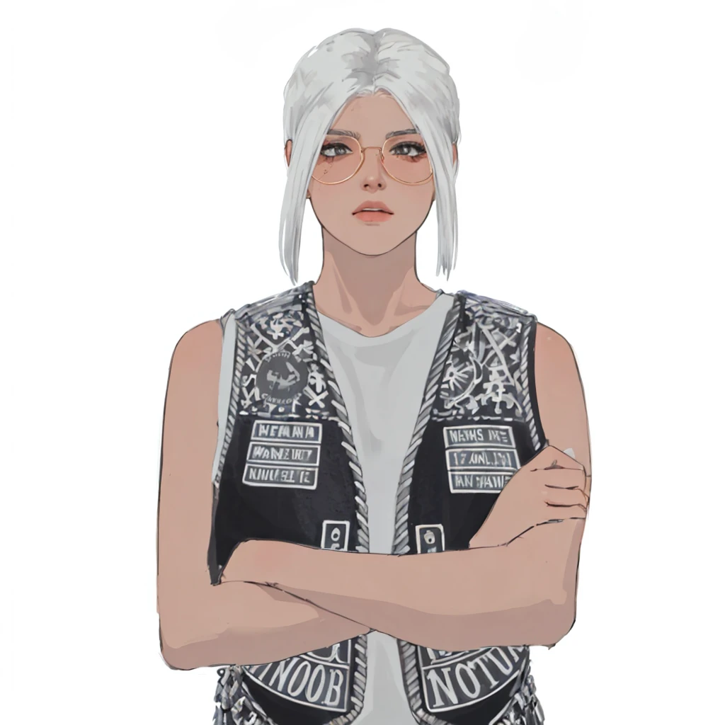 (masterpiece:1.2, best quality), (1girl, solo, upper body:1.2),flat face,Hair: buzz cut, Clothing: oversized, distressed denim jacket with patches and pins, paired with black skinny jeans and combat boots, Hanging out in an underground music venue or street art exhibit