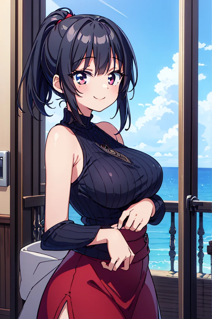 ((Masterpiece)),((high resolution)),((Best Quality)),Anime illustration,((1girl)),,(Black Hair),short hair,Short ponytail,Large, round scarlet eyes,Droopy eyes,smile,,(Young),baby face anasts,large breasts,(low length),(Short),white shoulder sweater,Slit Skirt,Long skirt,Ladylike,Elegant,blue sky,
