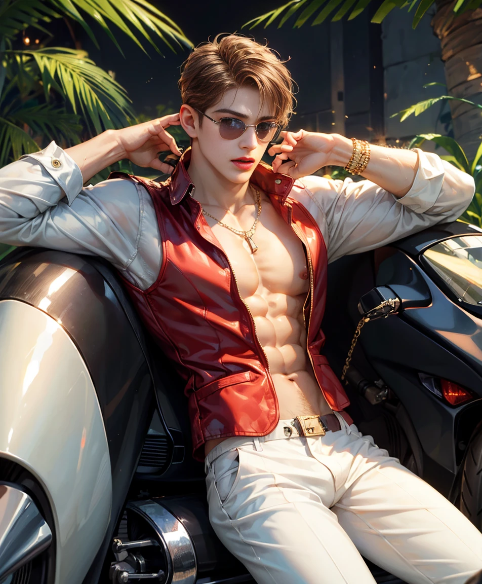 HD quality, high definition,male 18 years old handsome, muscular and slim, red lips, leaning against a motorcycle naked, big cock, cock out, model with bracelets, earrings and Necklace, wearing head band and sunglasses, open vest, full sexy body, 