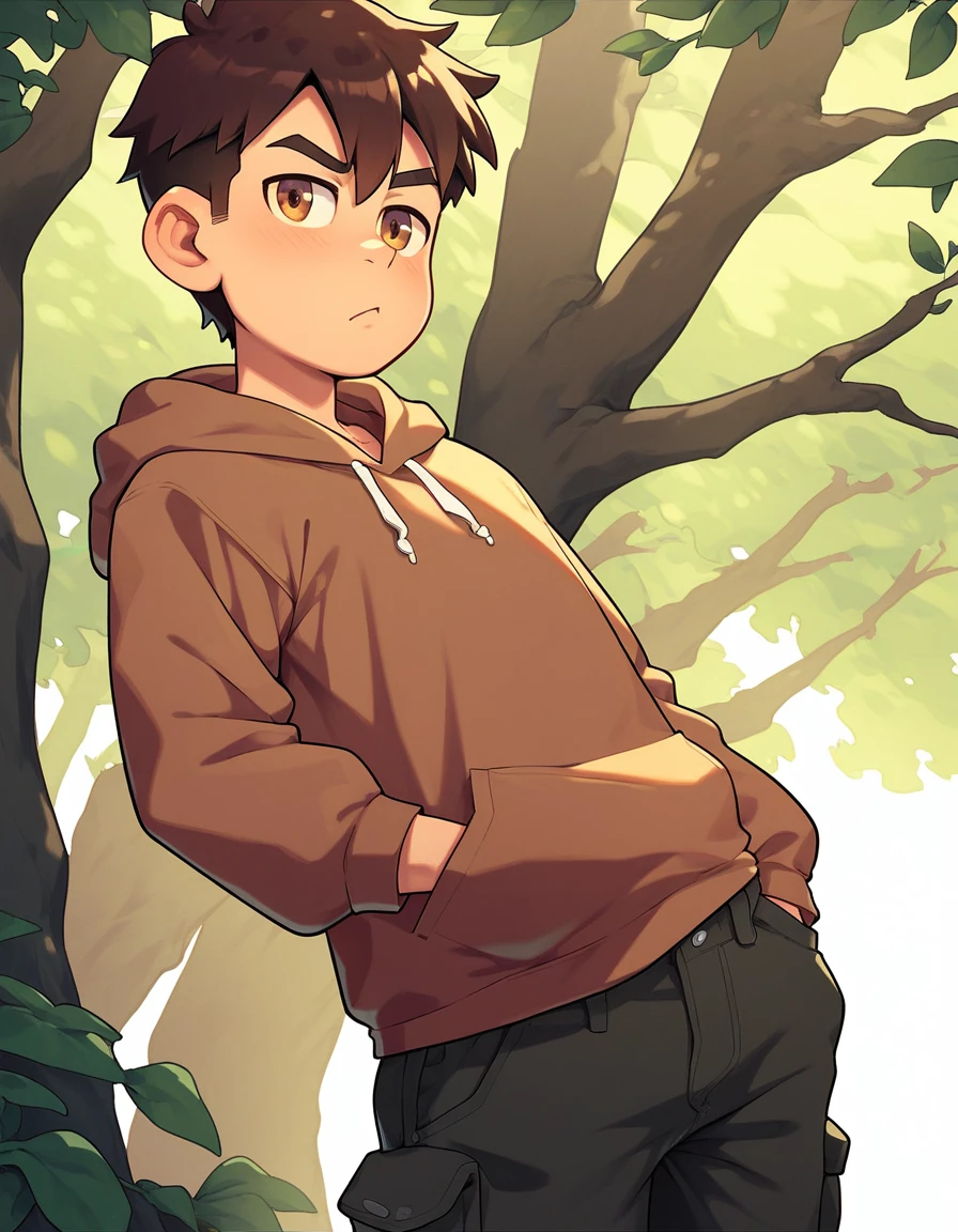 A young man standing alone in a forest during the day, with a serious look on his face. He is wearing an oversized brown hoodie with long sleeves and black cargo pants that are baggy with large pockets. His dark brown hair is medium length, falling between his eyes, and he has brown eyes. The image is highly detailed and of the highest quality