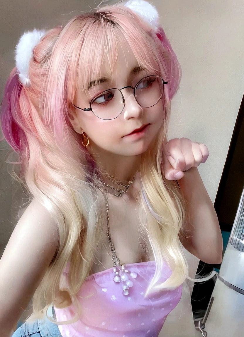 White skin, cute young woman's face and pink, red and yellow hair, wearing glasses, a chain necklace, jeans