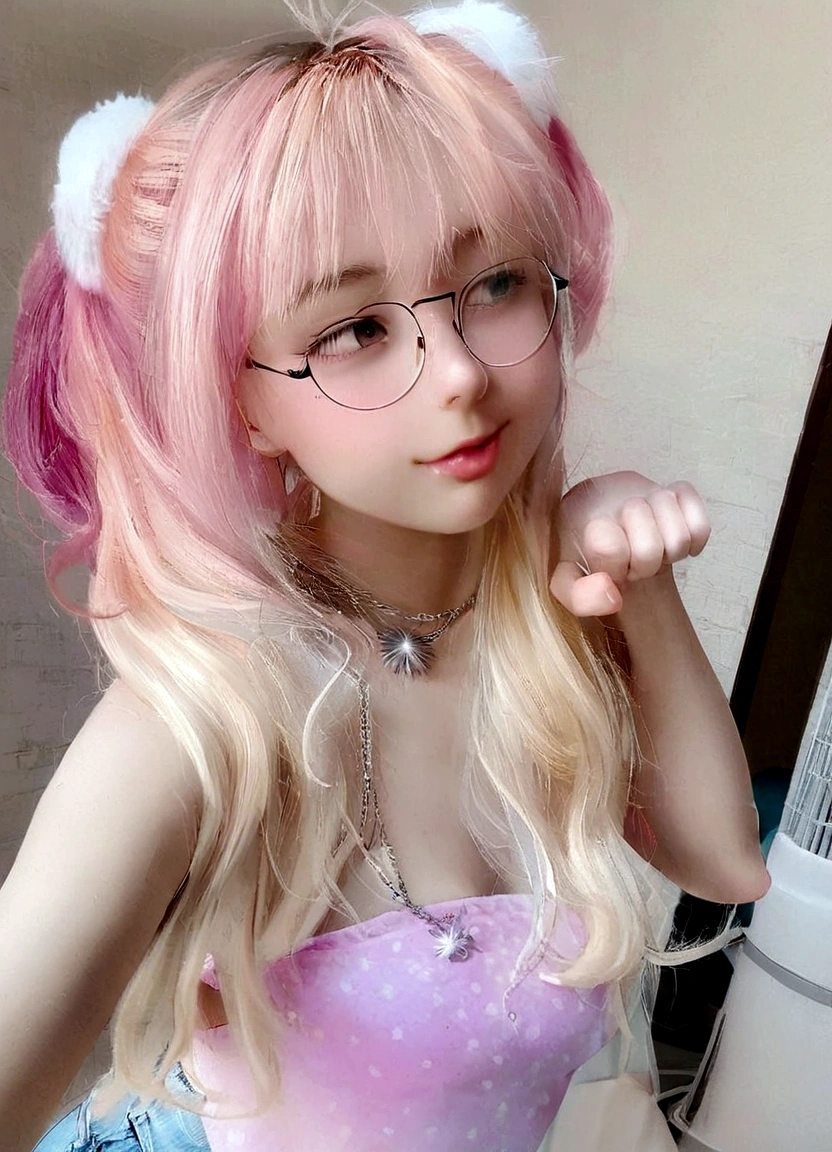 White skin, cute young woman's face and pink, red and yellow hair, wearing glasses, a chain necklace, jeans