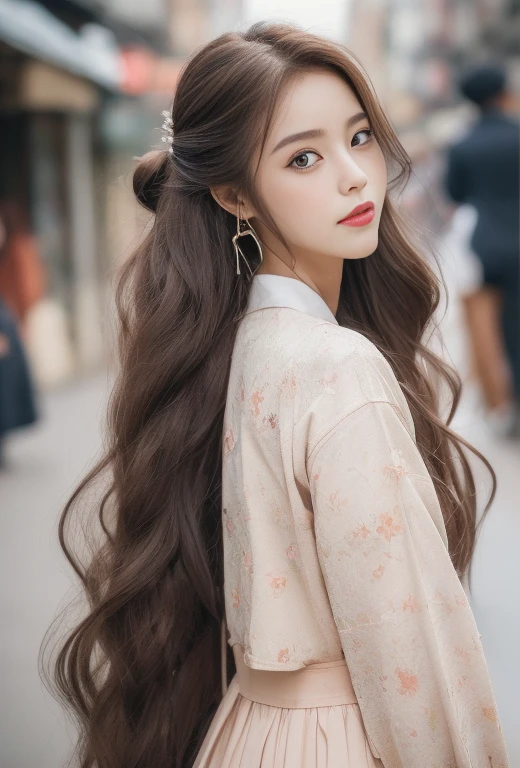 ((of the highest quality, 8K, masutepiece: 1.3)), Focus: 1.2, Perfect body: 1.4, buttocks: 1.2, (Layered Hair Style, out: 1.2)), (ta Costume Outfit 1.1), (street: 1.3), Superskirt: 1.1, Highly detailed face and skin texture, Narrow eyes, Double eyelids, Whitening skin, , (Shut up: 1.3), 1 person、Hair shrinkage、Mount Yoshijin-hsien、Korean hair, super crazy hairstyles, beautiful long hairs, crazy long hairs, super long hairs, long hair, crazy long hairs, super long hairs , Long wavy hairstyle