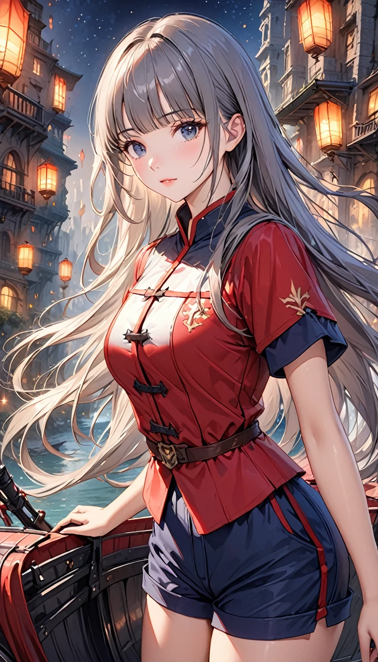 ((Top Quality)), ((Masterpiece)), (Detail), high resolution, Perfect Face, Fine Eyes, Depth of Field, Special Shading, (photorealistic), (upper body), (1 beautiful girl), demon, medium breasts, (grey hair, very long hair, blunt bangs), ((knight wagon uniform, short pants)), fantasy, Light particles, Lost City at night