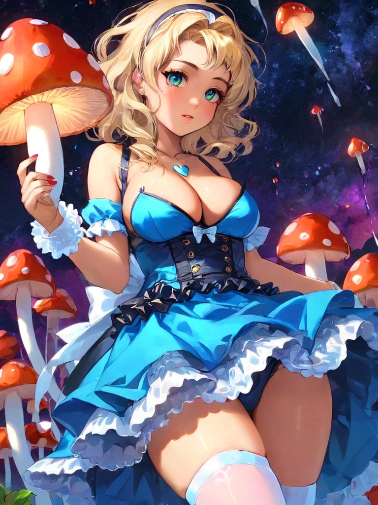 a beautiful 20 year old blonde woman with big messy hair in a blue dress, white stockings, black headband, cleavage, holding a glowing mushroom, fantasy art style, rossdraws cartoon vibrant, alice in wonderland cyberpunk, cute detailed digital art, colorfull digital fantasy art, digital fantasy art ), glossy digital painting, rossdraws pastel vibrant, rossdraws 2. 5, rossdraws 1. 0