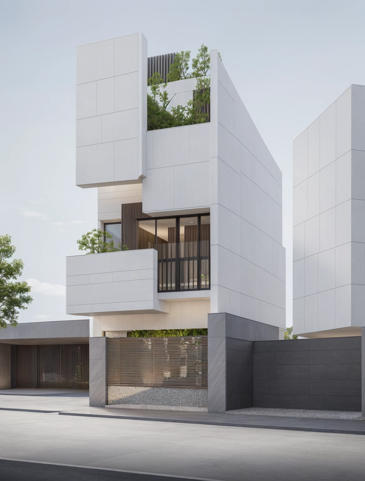 RAW photo, Exterior of two story white modern house, road, ((sidewalk)), ((sidewalk trees)), residences area, day time, tropical trees and plants, (high detailed:1.2), 8k uhd, dslr, soft lighting, high quality, film grain, Fujifilm XT3)