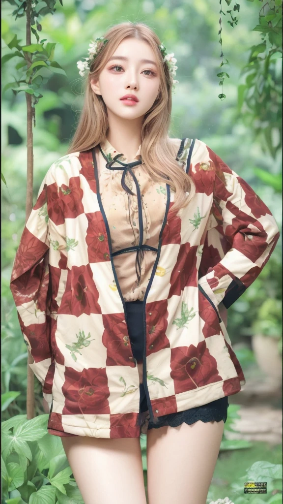 1girl, detailed hyper-realistic girl in a lush green garden, gorgeous face, beautiful detailed eyes, long eyelashes, delicate facial features
