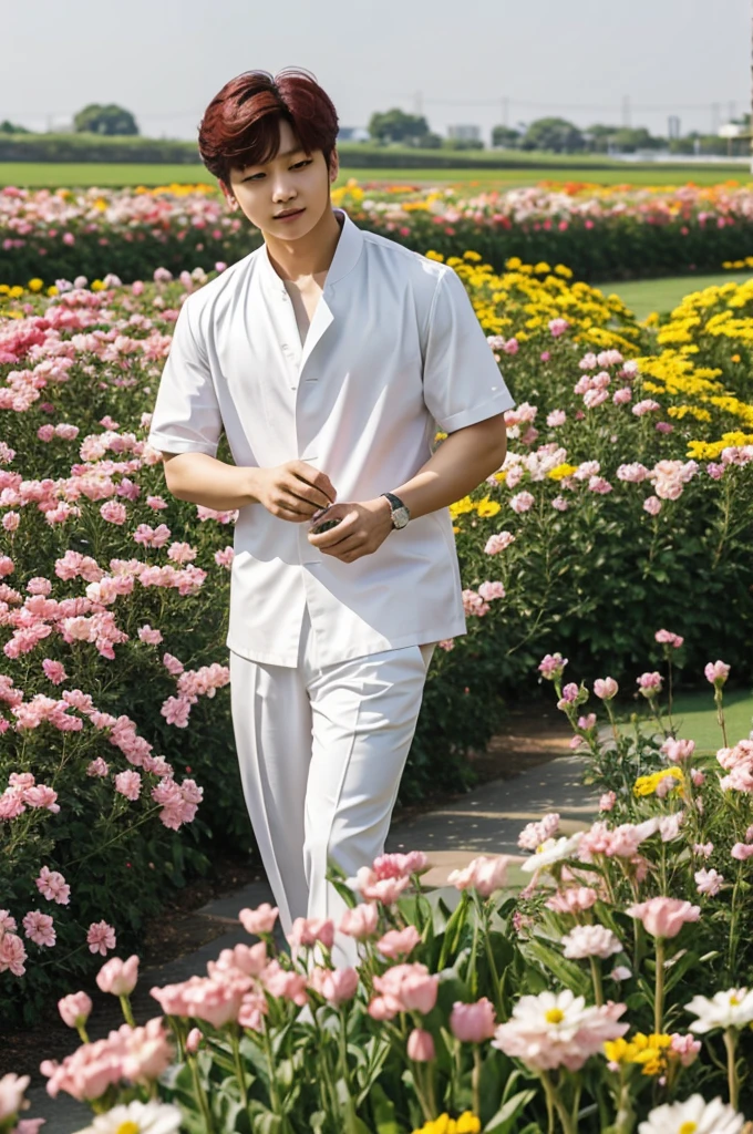 Jeong Jung kook next to flowers