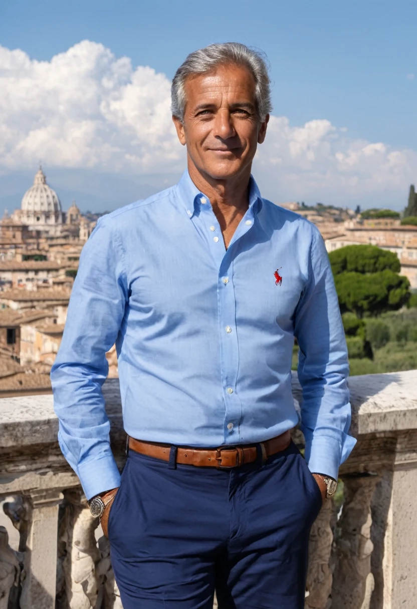 ((60 years old)) awesome Italian engineer, gray short hair, slim fitness, Mediterranean body and skin tone, blue ralph lauren shirt, business casual Italian style, in a typical Rome location, summertime, sunny day with puffy white small clouds in the sky, serene happy atmosphere, perfect photo portrait, bokeh, 8k detailed, Hasselblad photo, (( hyper realistic establishing shot)), intricate details