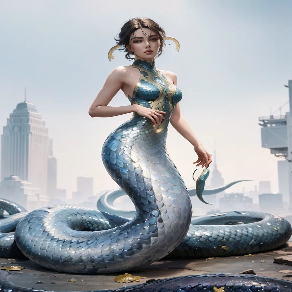 Mermaid in blue bodysuit with snake on back, snake woman hybrid, snake woman, queen of snakes, Snake Human Hybrid, hyperrealistic fantasy art, Trending in CGsociety, karol bak uhd, beautiful digital works of art, Modified carbon style, trending on artstation 4k, her many snakes as hair, stylized urban fantasy artwork