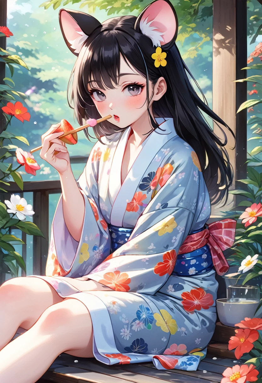 (Yumeji Takehisa style:1.2) , Hallucination, daydream , nightmare , Insane Dream , bokeh , erotica , romance , realistic mouse nymph and realistic cat , yukata , Petals fluttering down , Single eyelids, round nose, swollen cheeks , glossy lips , licking popsicle , Collarbone , Disheveled Hair , (Water up to the ankle:0.85) , Scorching Heat summer , Roll up the hem to expose your knees , A cool scene in the hot summer